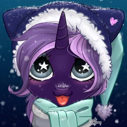 Size: 1748x1748 | Tagged: safe, artist:lailyren, derpibooru import, oc, oc only, oc:tenebris flux, pony, unicorn, :p, blushing, clothes, hat, horn, scarf, simple background, snow, snowfall, tongue, tongue out, unicorn oc, wingding eyes, winter hat