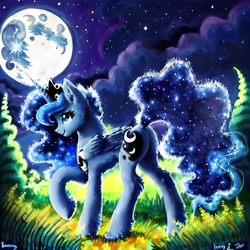Size: 1920x1920 | Tagged: safe, derpibooru import, editor:felisamafeles, generator:stable diffusion, machine learning generated, princess luna, alicorn, pony, butt, cloud, cloudy, female, foxtail fern, moon, moonlight, night, oil painting, plot, solo, traditional art, wings