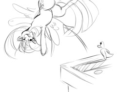 Size: 1057x793 | Tagged: safe, artist:thelunarmoon, derpibooru import, twilight sparkle, twilight sparkle (alicorn), alicorn, bird, duck, pony, backflip, simple background, sketch, solo, white background