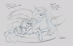 Size: 2368x1501 | Tagged: safe, artist:thelunarmoon, derpibooru import, princess celestia, princess luna, alicorn, pony, cushion, dialogue, female, mare, momlestia, preglestia, pregnant, royal sisters, siblings, sisters, size difference, sketch, spread wings, wholesome, wings