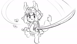 Size: 1529x887 | Tagged: safe, artist:bubbletea, derpibooru import, oc, oc only, oc:uki, pegasus, pony, armor, bipedal, black and white, female, grayscale, hoof hold, katana, mare, monochrome, samurai, simple background, solo, sword, weapon, white background