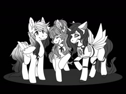 Size: 1280x960 | Tagged: safe, artist:sinclair2013, derpibooru import, oc, oc only, oc:bijou butterfly, oc:hotfix, oc:piezo, alicorn, pegasus, pony, monochrome