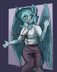 Size: 1611x2032 | Tagged: safe, artist:reddthebat, derpibooru import, oc, oc only, oc:alaska (reddthebat), anthro, ghost, pegasus, undead, arrow, blood, blouse, clothes, eyebrows, eyebrows visible through hair, female, injured, open mouth, open smile, smiling, solo, this is fine
