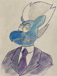 Size: 885x1174 | Tagged: safe, artist:rotgriff, derpibooru import, sky beak, anthro, hippogriff, g4, beak, bust, cigarette, clothes, lidded eyes, looking at you, male, necktie, portrait, smiling, smirk, smoking, solo, suit, traditional art