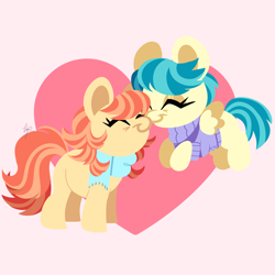 Size: 4100x4100 | Tagged: safe, artist:fizzlefer, derpibooru import, aunt holiday, auntie lofty, earth pony, pegasus, pony, duo, eyes closed, female, heart, heart background, lesbian, lofty day, mare, nuzzling, shipping, smiling