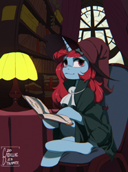 Size: 1560x2100 | Tagged: safe, artist:cadillacdynamite, derpibooru import, oc, oc only, pony, unicorn, book, bookshelf, cloak, clothes, detailed background, female, hat, lamp, library, mare, solo, window, witch hat