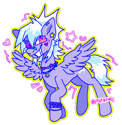 Size: 1168x1191 | Tagged: safe, artist:beetlebonez, derpibooru import, cloudchaser, pegasus, pony, bandaid, blue mane, blushing, bracelet, ear piercing, eyestrain warning, female, heart, jewelry, looking at you, necklace, one eye closed, piercing, pink eyes, purple coat, scene, simple background, smiling, smiling at you, solo, spread wings, stars, transparent background, walking, wings, wink, winking at you