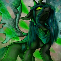 Size: 1808x1808 | Tagged: safe, artist:angelwingsmlpfim, derpibooru import, queen chrysalis, changeling, changeling queen, fangs, perspective, signature, smiling, solo, spread wings, ultimate chrysalis, wings