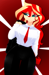 Size: 1300x2000 | Tagged: safe, artist:xan-gelx, derpibooru import, sunset shimmer, human, equestria girls, abstract background, button-up shirt, clothes, dress shirt, eye clipping through hair, female, necktie, office lady, pants, shirt, solo, uniform