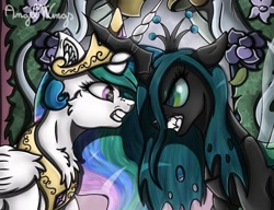 Size: 939x720 | Tagged: safe, artist:angelwingsmlpfim, derpibooru import, princess celestia, queen chrysalis, alicorn, changeling, changeling queen, pony, a canterlot wedding, angry, clash, crossed horns, duo, female, horn, horns are touching, mare, scene interpretation, scowl, serious, serious face, signature