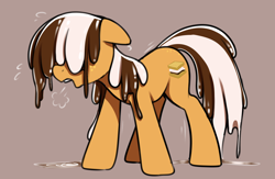Size: 1000x650 | Tagged: safe, artist:thebatfang, derpibooru import, oc, oc only, oc:s'mare, earth pony, food pony, original species, pony, brown background, dripping, female, food, freckles, mare, melting, motion lines, panting, ponified, simple background, solo, species swap