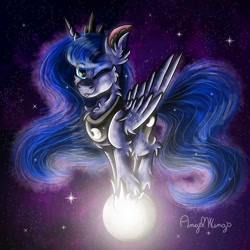 Size: 1024x1024 | Tagged: safe, artist:angelwingsmlpfim, derpibooru import, princess luna, pony, unicorn, :p, female, mare, moon, one eye closed, signature, solo, space, tangible heavenly object, tongue, tongue out, wink