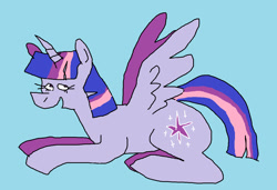 Size: 1296x886 | Tagged: safe, artist:msponies, derpibooru import, twilight sparkle, twilight sparkle (alicorn), alicorn, pony, blue background, cyan background, female, lying down, mare, ms paint, open mouth, open smile, prone, simple background, smiling, solo, spread wings, tail, wings