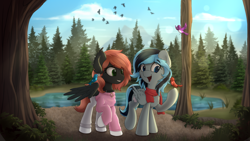 Size: 5120x2880 | Tagged: safe, artist:av-4, artist:avastin4, derpibooru import, oc, oc only, oc:joann, oc:luny, bird, pegasus, pony, clothes, duo, flower, flower in mouth, forest, lake, mouth hold, open mouth, open smile, pants, scarf, scenery, smiling, sweater, water