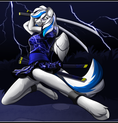 Size: 2926x3060 | Tagged: safe, artist:tales foxdale, derpibooru import, oc, oc:lady lightning strike, anthro, pegasus, commission, cuffs, lightning, solo, sword, weapon, ych result