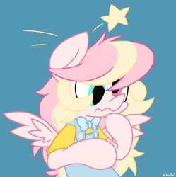 Size: 2039x2048 | Tagged: safe, artist:derpy_alex2, derpibooru import, oc, oc:ninny, pegasus, pony, semi-anthro, bow, clothes, cute, doink, female, mare, overalls, scrunchy face, stars