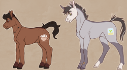 Size: 924x515 | Tagged: safe, artist:knifebun, derpibooru import, oc, oc only, oc:chemical burn, oc:espresso, earth pony, pony, unicorn, curved horn, duo, horn, male, nudity, sheath, simple background, stallion