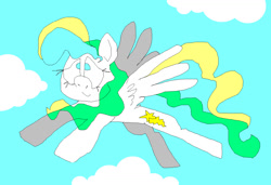 Size: 1296x886 | Tagged: safe, artist:msponies, derpibooru import, vapor trail, pegasus, pony, g4, cloud, female, flying, mare, ms paint, sky, smiling, solo, spread wings, tail, wings