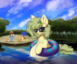 Size: 3000x2500 | Tagged: safe, artist:mysha, derpibooru import, applejack, fluttershy, rainbow dash, oc, oc:nettle vienna, earth pony, pegasus, pony, beach, earth pony oc, female, inner tube, mare, pool toy, sunglasses, water