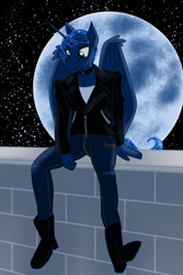 Size: 1600x2400 | Tagged: safe, artist:sixes&sevens, derpibooru import, princess luna, alicorn, anthro, alternate hairstyle, brick wall, clothes, collar, female, jacket, leather, leather jacket, moon, night, short mane, sitting, solo, stars