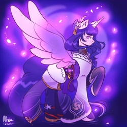 Size: 2048x2048 | Tagged: safe, artist:merisa, derpibooru import, alicorn, pony, abstract background, clothes, genshin impact, ponified, raiden shogun (genshin impact), raised hoof, raised leg, simple background, socks, solo, species swap, stockings, thigh highs