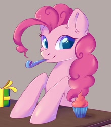 Size: 2800x3200 | Tagged: safe, artist:ske, derpibooru import, pinkie pie, earth pony, pony, cupcake, food, looking at you, party horn, present, smiling, solo