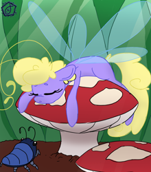 Size: 950x1080 | Tagged: safe, artist:swishyfishy4308, derpibooru import, oc, oc only, breezie, insect, breezie oc, mushroom, simple shading, sleeping, solo