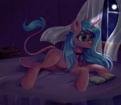 Size: 3000x2600 | Tagged: safe, artist:ske, derpibooru import, oc, oc only, pony, unicorn, bed, book, choker, curved horn, horn, leonine tail, lying down, moonlight, prone, smiling, solo, tail