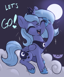 Size: 2500x3000 | Tagged: safe, artist:t72b, derpibooru import, princess luna, alicorn, pony, april fools, april fools 2023, cloud, eyes closed, female, jewelry, mare, moon, new lunar republic, on a cloud, regalia, s1 luna, salute, sitting, sitting on cloud, solo, sparkles