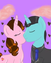 Size: 2000x2500 | Tagged: safe, artist:wrath-marionphauna, derpibooru import, oc, oc only, oc:color breezie, oc:mysterious science, pony, unicorn, clothes, cloud, couple, eyes closed, heart, kiss on the cheek, kissing, necktie