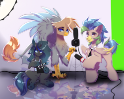 Size: 2500x2000 | Tagged: safe, artist:mysha, derpibooru import, oc, oc only, oc:dusktalon, oc:globe trotter (bastler), oc:lilo (bastler), changeling, griffon, pegasus, pony, cable, camera, changeling oc, female, griffon oc, male, microphone, pegasus oc, stallion