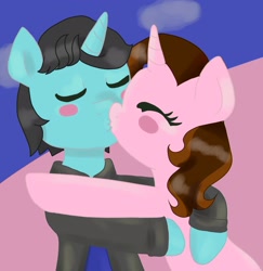 Size: 1990x2048 | Tagged: safe, artist:wrath-marionphauna, derpibooru import, oc, oc only, oc:color breezie, oc:mysterious science, pony, unicorn, blushing, clothes, hug, kiss on the lips, kissing, necktie