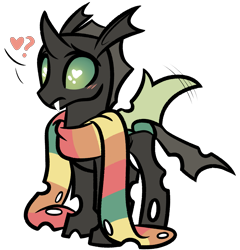 Size: 2163x2256 | Tagged: safe, artist:emberslament, derpibooru exclusive, derpibooru import, oc, oc only, oc:pitch pine, changeling, blushing, clothes, cute, cuteling, green changeling, green eyes, heart, heart eyes, holes, scarf, simple background, solo, striped scarf, transparent background, wingding eyes