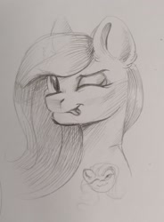 Size: 1594x2160 | Tagged: safe, artist:ske, derpibooru import, fluttershy, pony, looking at you, one eye closed, sketch, smiling, solo, tongue, tongue out, traditional art, wink, winking at you