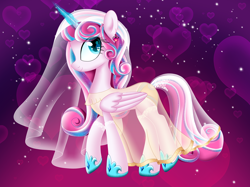 Size: 5464x4096 | Tagged: safe, artist:lunavirgin64, derpibooru import, princess flurry heart, alicorn, pony, abstract background, clothes, dress, eyelashes, female, heart, heart eyes, hoof shoes, mare, older, older flurry heart, profile, see-through, side view, smiling, solo, veil, wedding dress, wedding veil, wingding eyes