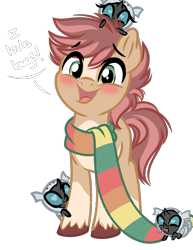 Size: 1195x1549 | Tagged: safe, artist:emberslament, derpibooru exclusive, derpibooru import, oc, oc:pitch pine, changeling, changeling larva, earth pony, pony, blushing, clothes, scarf, simple background, striped scarf, text, transparent background