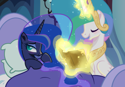 Size: 2260x1584 | Tagged: safe, artist:harmonyvitality-yt, derpibooru import, princess celestia, princess luna, base used, bed, book, duo, ethereal mane, eyes closed, glowing, glowing horn, horn, indoors, jewelry, magic, peytral, reading, starry mane, telekinesis, tiara