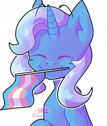 Size: 1628x1912 | Tagged: safe, artist:anwa-gows-uwu, derpibooru import, trixie, pony, unicorn, eyes closed, female, floating eyebrows, gender headcanon, mare, mouth hold, pride, pride flag, simple background, smiling, solo, trans trixie, transgender, transgender pride flag, white background