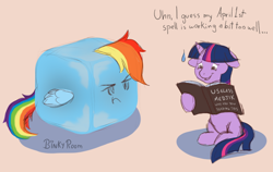 Size: 1000x633 | Tagged: safe, artist:binkyroom, derpibooru import, rainbow dash, twilight sparkle, twilight sparkle (alicorn), alicorn, pony, april fools, book, colored sketch, ice cube, inanimate tf, magic, rainbow dash is not amused, silly, text, transformation, unamused