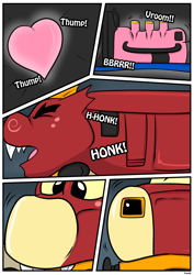 Size: 2480x3507 | Tagged: safe, artist:rex-equinox, derpibooru import, part of a set, garble, dragon, comic, commission, engine, heart, heart (organ), inanimate tf, lights, locomotive, organs, story included, train, train pony, trainified, transformation, x-ray