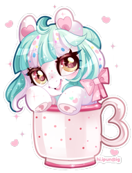 Size: 833x1093 | Tagged: safe, artist:ipun, derpibooru exclusive, derpibooru import, oc, oc only, oc:mallowcreme, pony, bow, chibi, cup, cup of pony, cute, female, freckles, hair bow, mare, micro, simple background, solo, teacup, transparent background, underhoof