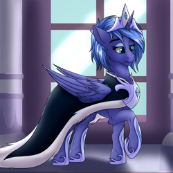 Size: 1000x1000 | Tagged: safe, artist:crimsonwolf360, derpibooru import, princess luna, alicorn, pony, blue hair, cape, clothes, crown, female, indoors, jewelry, mare, raised hoof, raised leg, regalia, solo, wings