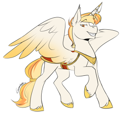 Size: 1666x1536 | Tagged: safe, artist:cosmalumi, derpibooru import, oc, oc only, oc:sunshine splendor, alicorn, pony, alicorn oc, digital art, horn, horn jewelry, jewelry, simple background, smiling, smirk, solo, spread wings, transparent background, wings