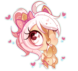 Size: 594x544 | Tagged: safe, artist:ipun, derpibooru import, oc, oc only, oc:cinnamon rose, deer, deer pony, original species, blushing, bow, chibi, cute, hair bow, heart, heart eyes, one eye closed, simple background, solo, transparent background, wingding eyes, wink