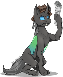 Size: 660x813 | Tagged: safe, artist:frazy, derpibooru import, oc, oc only, oc:closed case, changeling, changeling oc, clothes, commission, hat, male, newspaper, simple background, transparent background