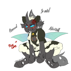 Size: 2000x2000 | Tagged: safe, artist:frazy, derpibooru import, oc, oc only, oc:closed case, changeling, bell, bell collar, changeling oc, clothes, collar, commission, hat, irritated, maid, male, simple background, swearing, text, vulgar