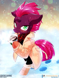 Size: 900x1200 | Tagged: safe, artist:phoenixperegrine, derpibooru import, tempest shadow, pony, semi-anthro, unicorn, blushing, broken horn, clothes, drink, female, hoofprints, horn, looking at you, mare, scarf, snow, snowfall, solo, trenchcoat