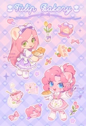 Size: 1299x1890 | Tagged: safe, artist:xieyanbbb, derpibooru import, fluttershy, pinkie pie, earth pony, pegasus, pony, semi-anthro, alternate hairstyle, apron, bow, bread, chibi, clothes, dessert, female, food, hair bow, looking at you, mare, smiling, tea, waitress