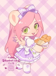 Size: 688x933 | Tagged: safe, artist:xieyanbbb, derpibooru import, fluttershy, pegasus, pony, semi-anthro, alternate hairstyle, apron, bow, bread, chibi, clothes, female, food, hair bow, looking at you, mare, sandwich, smiling, solo, tea, waitress