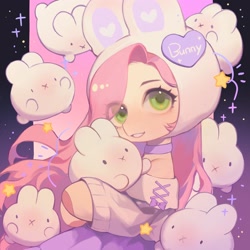 Size: 2048x2048 | Tagged: safe, artist:xieyanbbb, derpibooru import, fluttershy, pegasus, pony, rabbit, semi-anthro, animal, clothes, female, looking at you, mare, outfit, smiling, solo